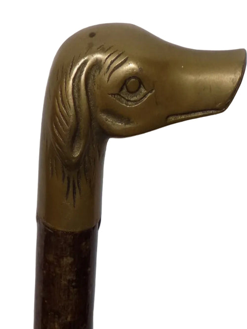 Brass Lurcher Head Mounted On A Hazel Shaft, Walking Stick.