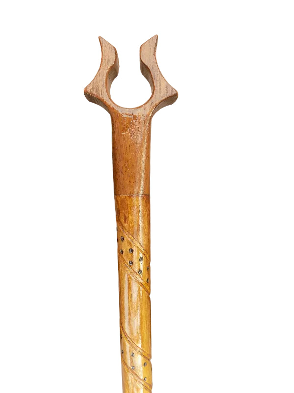 Hardwood Mounted, Hazel Hiking Stick Featuring A Hand Carved Design.