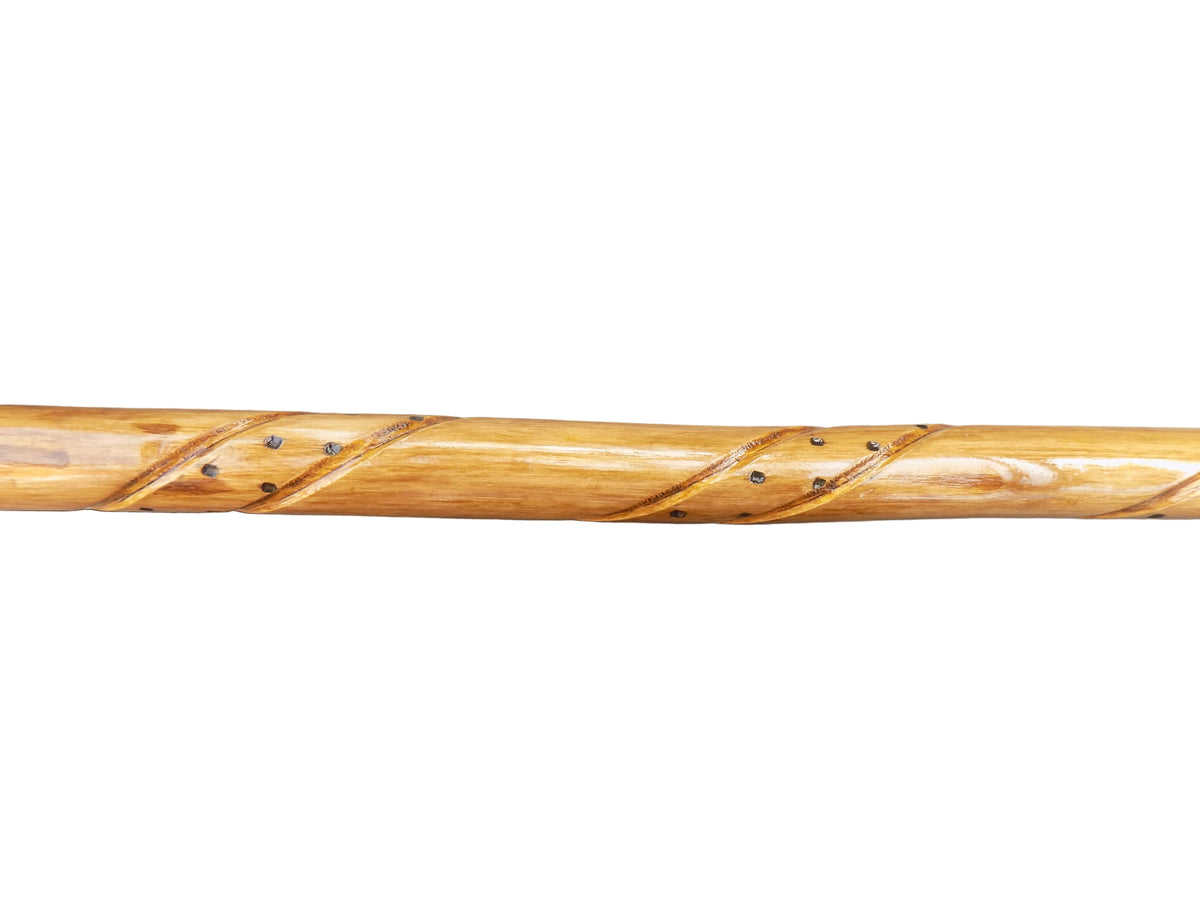 Hardwood Mounted, Hazel Hiking Stick Featuring A Hand Carved Design.