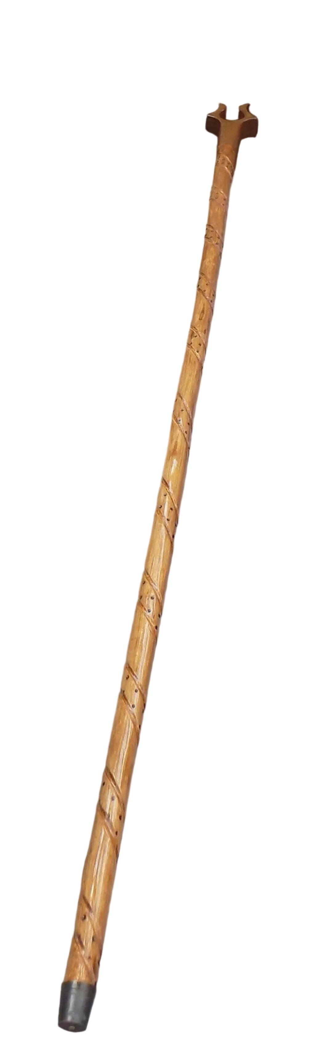 Hardwood Mounted, Hazel Hiking Stick Featuring A Hand Carved Design.