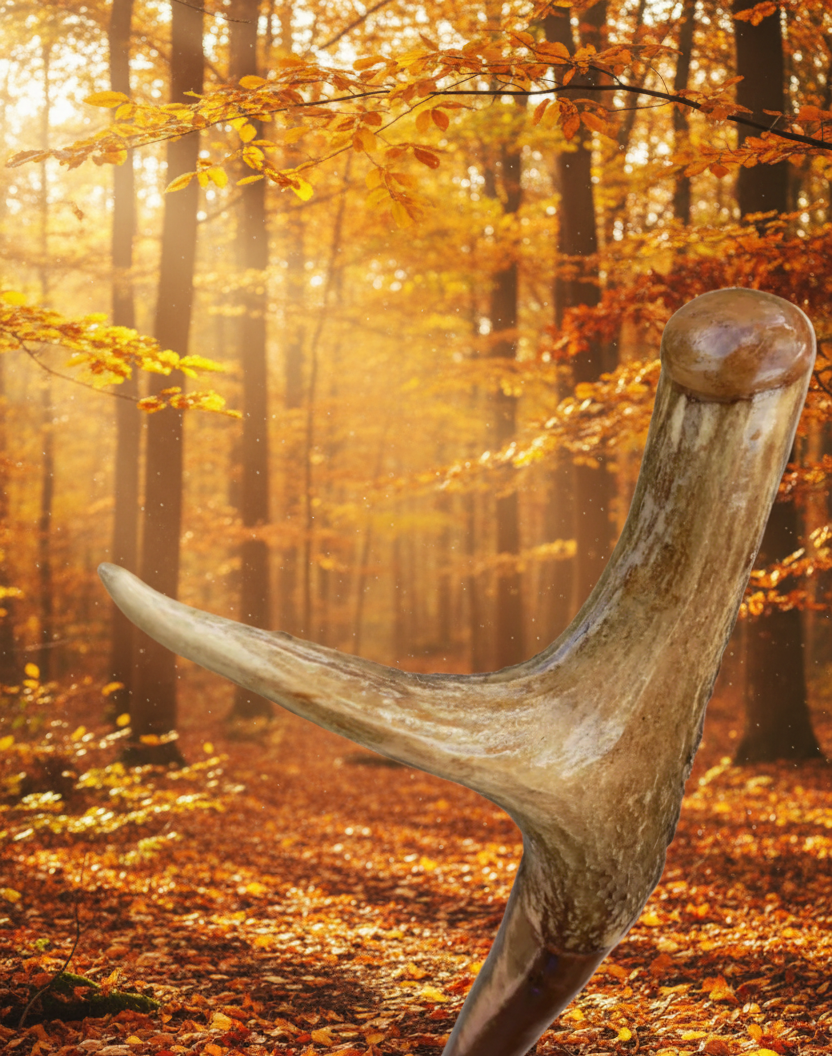 Hardwood Cap & Pointed Antler Mounted Hazel Shaft, Thumb Stick.