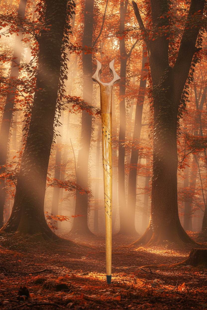 Hardwood Mounted, Hazel Hiking Stick Featuring A Hand Carved Design.